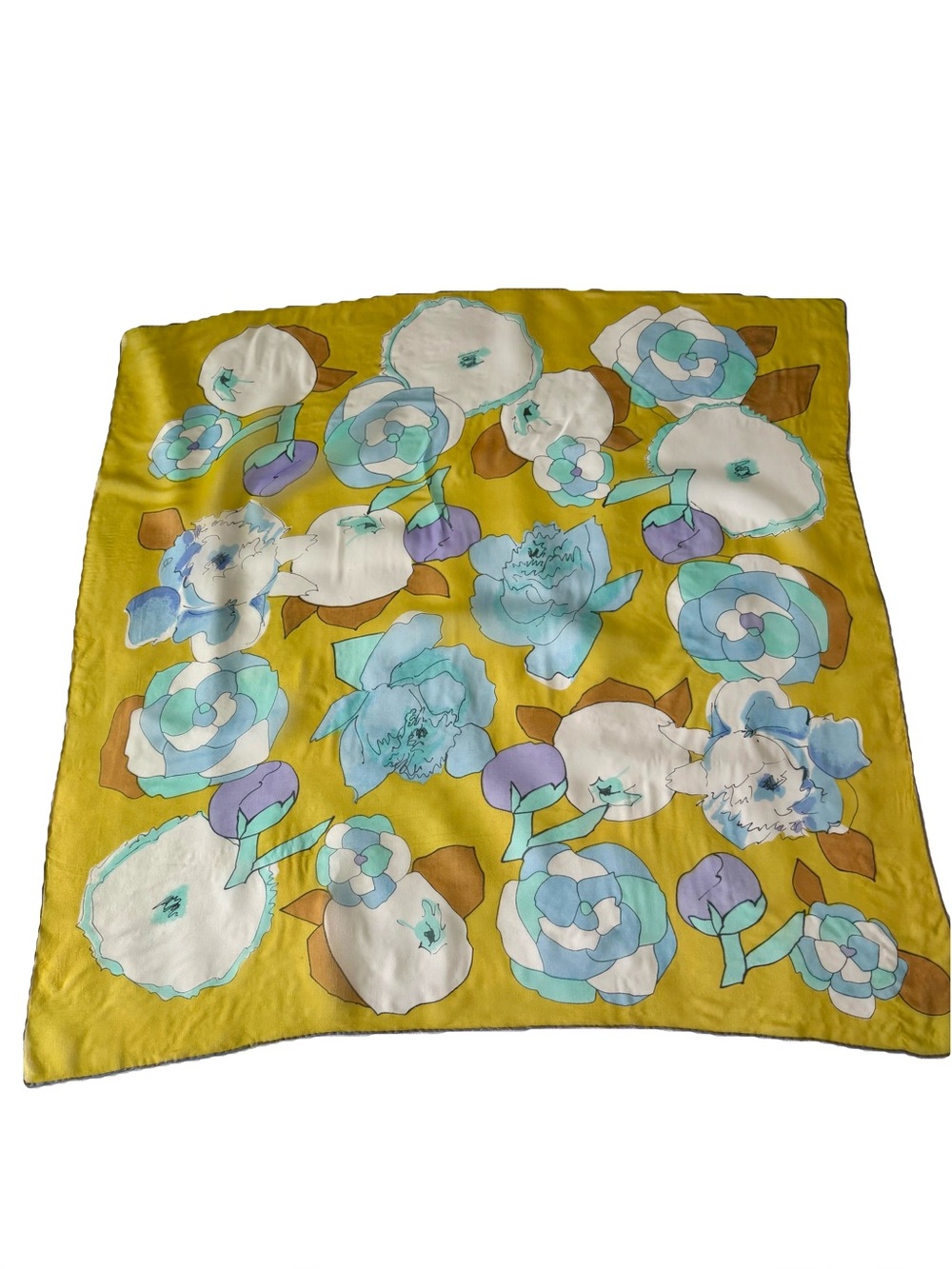 Vintage Mod Rayon Hand Rolled Floral Scarf Mustard Yellow Blue Made in Japan